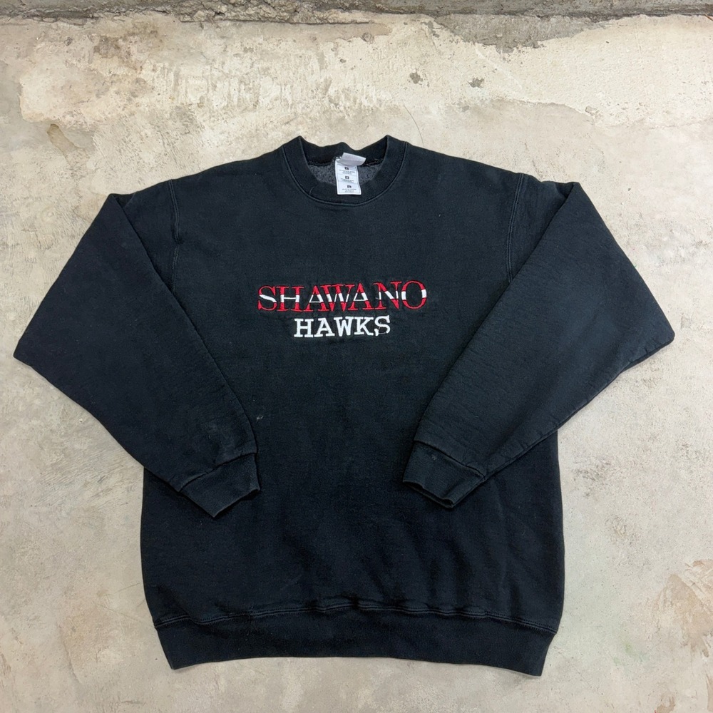 VTG Fruit of the Loom Shawano Hawks Embroidered Black Sweatshirt Pullover Size L